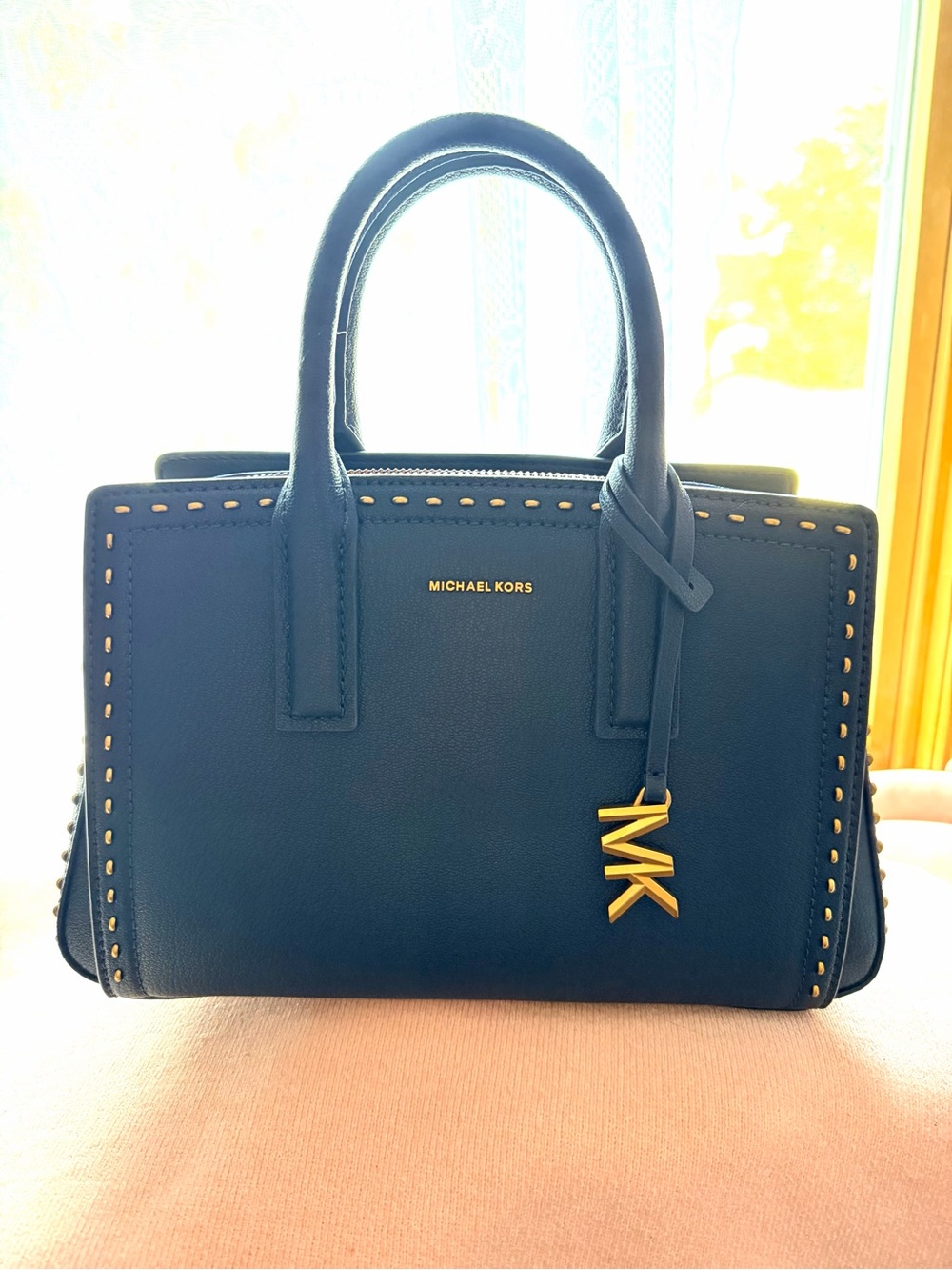 MICHAEL KORS Deep Blue Leather Satchel with Gold MK Charm